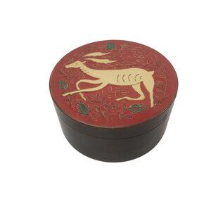 Vintage Christmas Brass Enamel Cloisonne Trinket Stash Box Intricate Deer Design